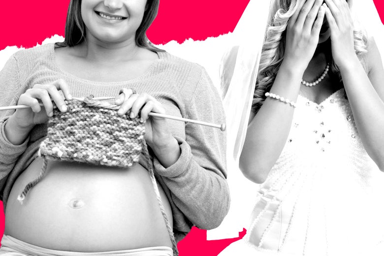 A pregnant woman knitting and a distraught bride.